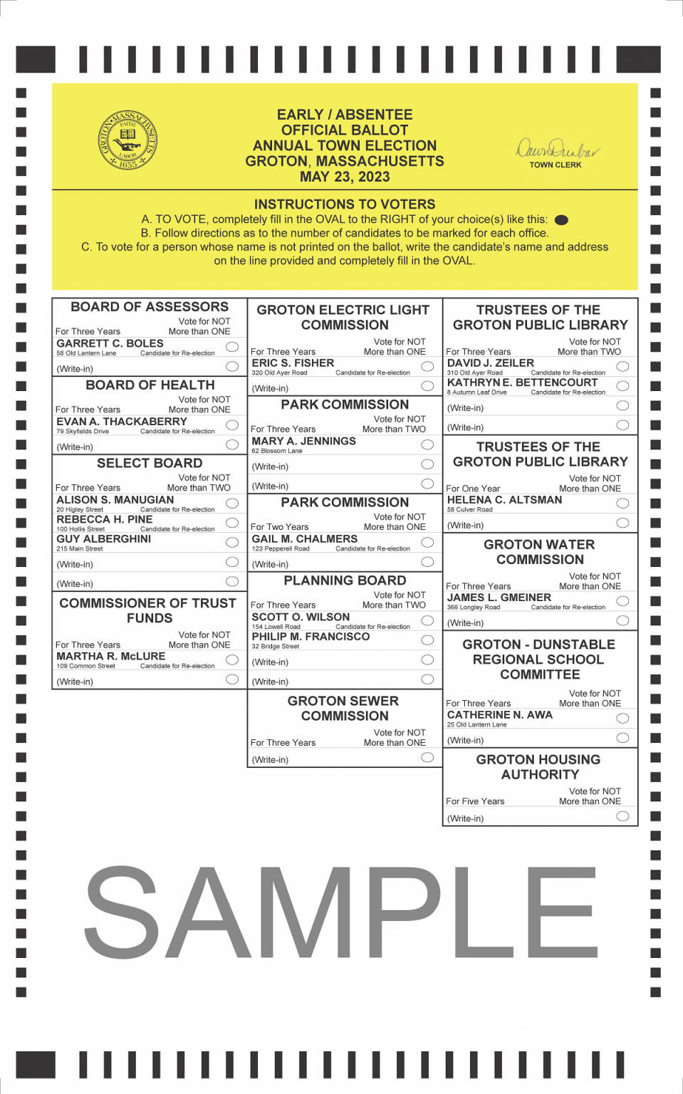 May 23, 2023 Town Election Candidates to Appear on Ballot Town of Groton