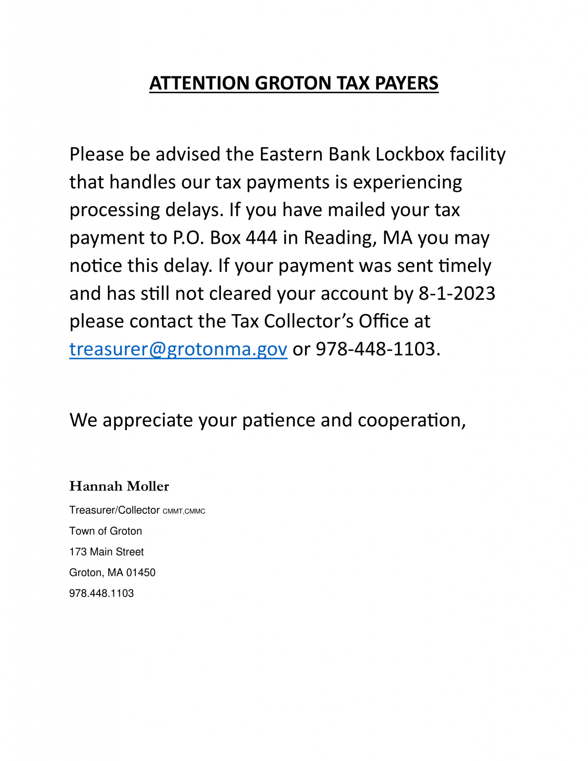 Treasurer and Tax Collector Town of Groton